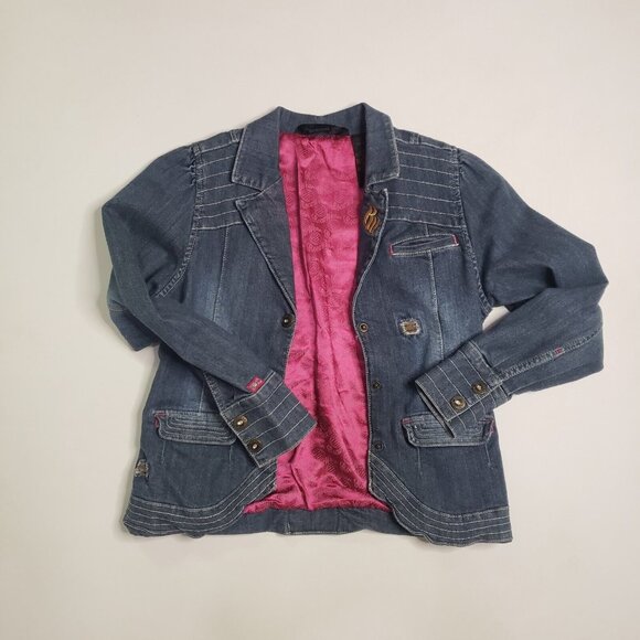 Rocawear Denim Jacket Girl Large 10/12 Medium Wash Magenta Satin Lined Y2K Retro - Picture 14 of 16